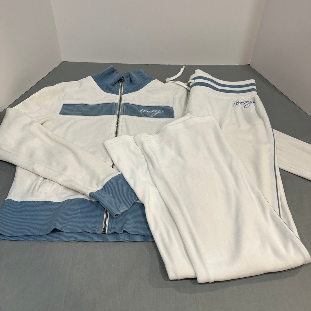 Tommy Jeans Tracksuit Women L/M White Blue Velour Zip Jacket Wide Leg Pants Set